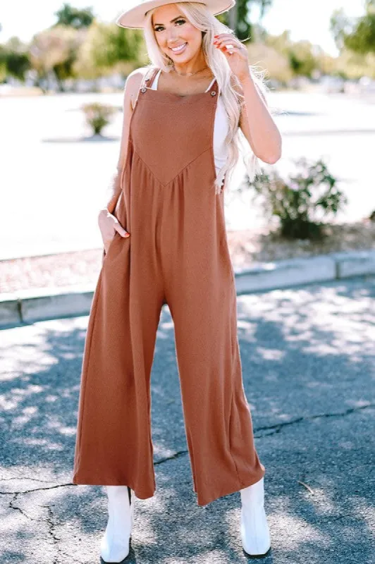 Women Buttoned Straps Ruched Wide Leg Jumpsuit sold by Brightside Boutique