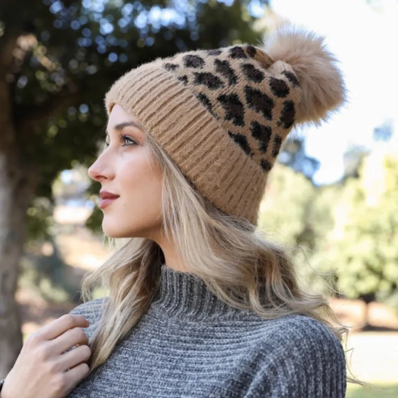 Leopard Luxe  Beanie with Pom Pom sold by Brightside Boutique