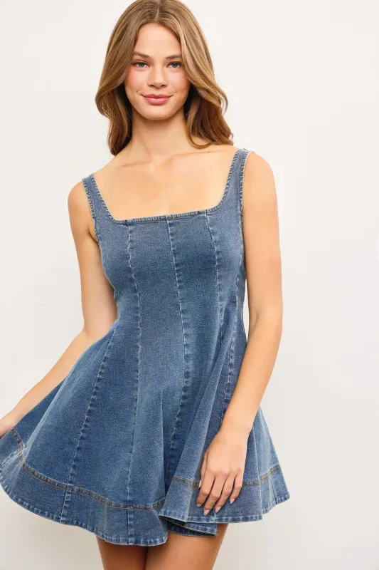 Retro Flare Denim Mini Dress sold by Brightside Boutique