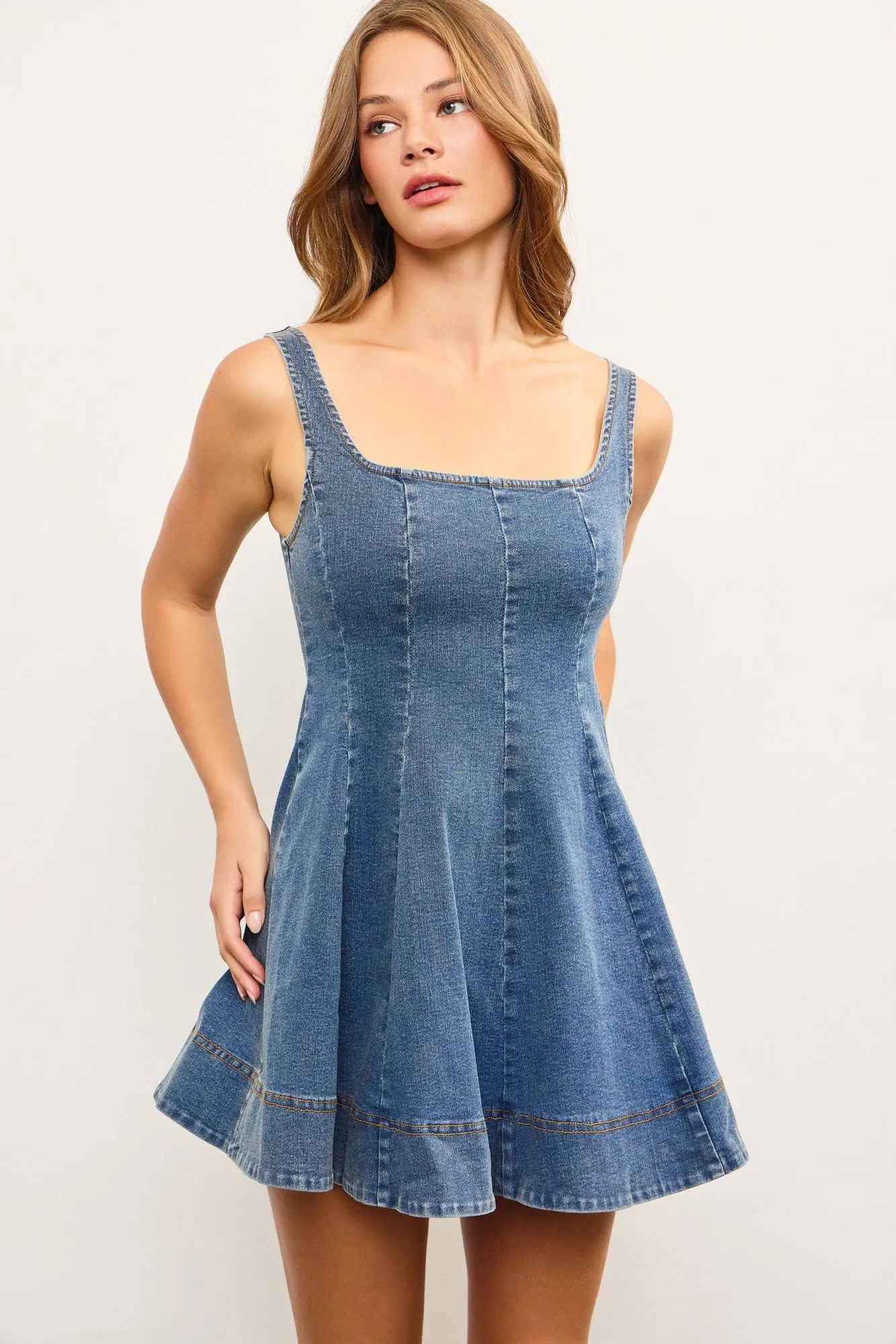 Retro Flare Denim Mini Dress sold by Brightside Boutique product image thumbnail 3