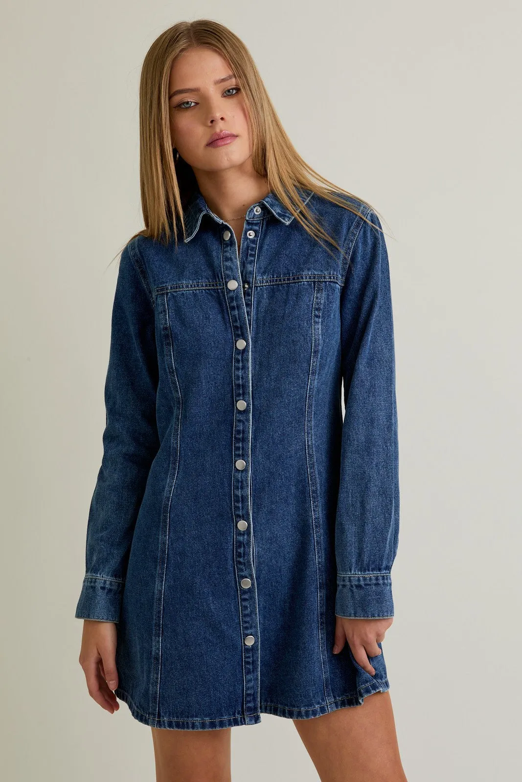 Pop & Play Denim Mini Dress sold by Brightside Boutique
