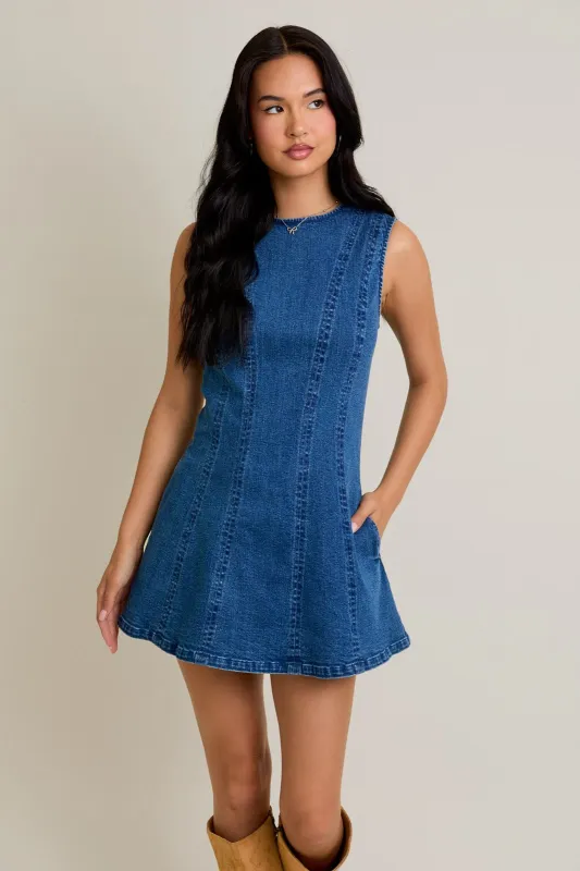 Soleil Sleeveless Denim Mini Dress sold by Brightside Boutique