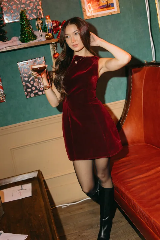 Carmine Velvet Mini Dress sold by Brightside Boutique