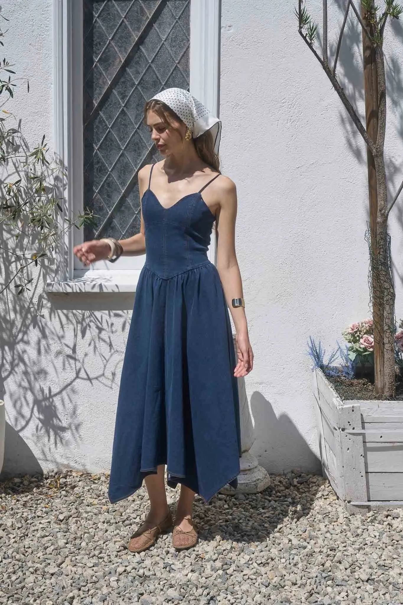 Denim Blossom Handkerchief Hem Midi Dress sold by Brightside Boutique product image thumbnail 2
