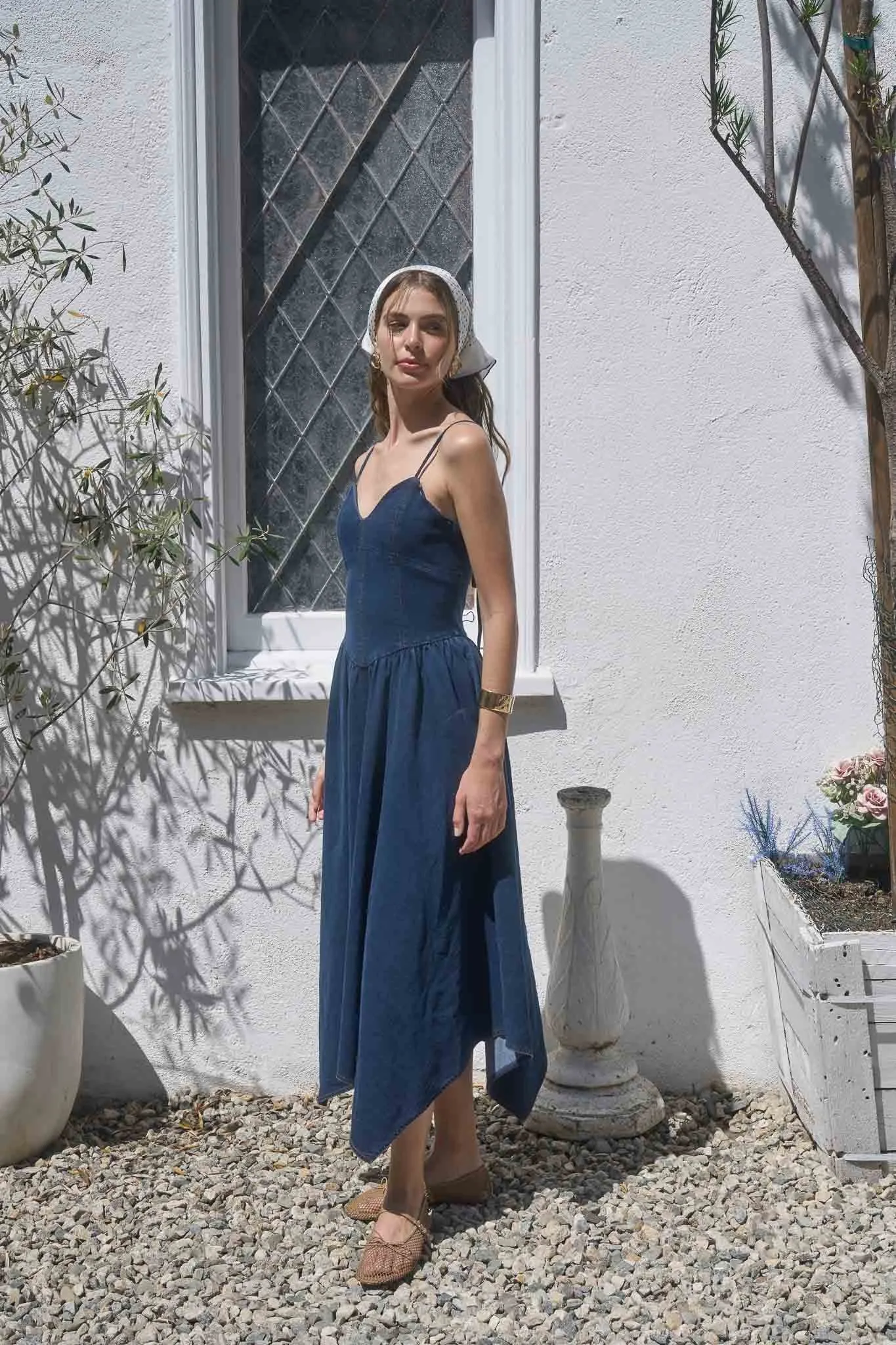 Denim Blossom Handkerchief Hem Midi Dress sold by Brightside Boutique product image thumbnail 4