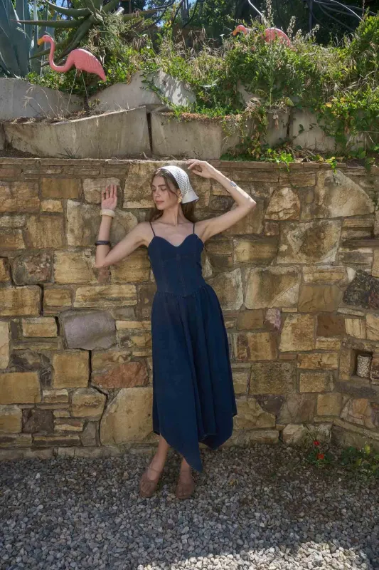 Denim Blossom Handkerchief Hem Midi Dress made by Moon River