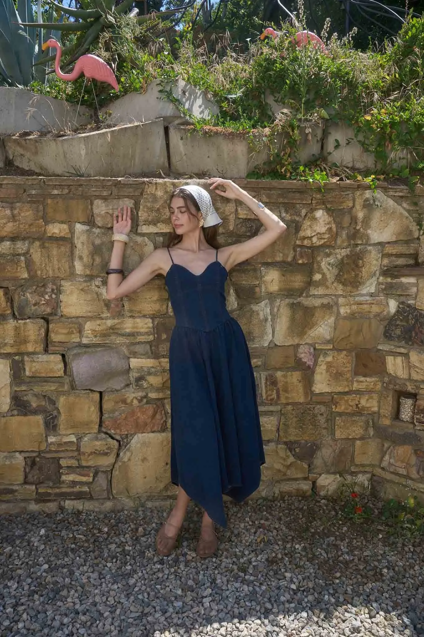 Denim Blossom Handkerchief Hem Midi Dress sold by Brightside Boutique