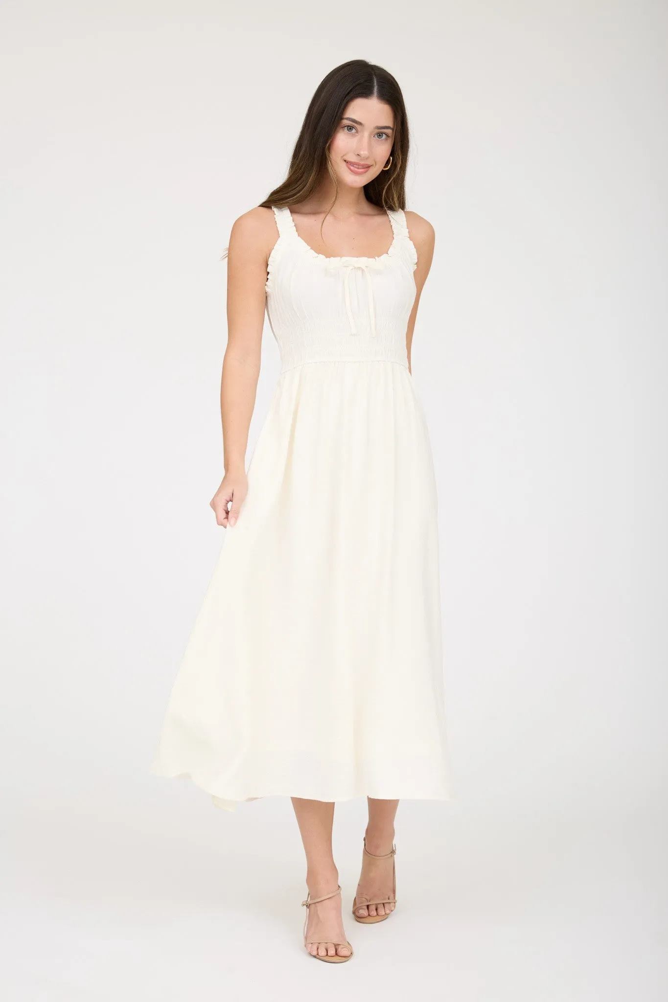 Sunlit Tie-Front Shirred Midi Dress sold by Brightside Boutique