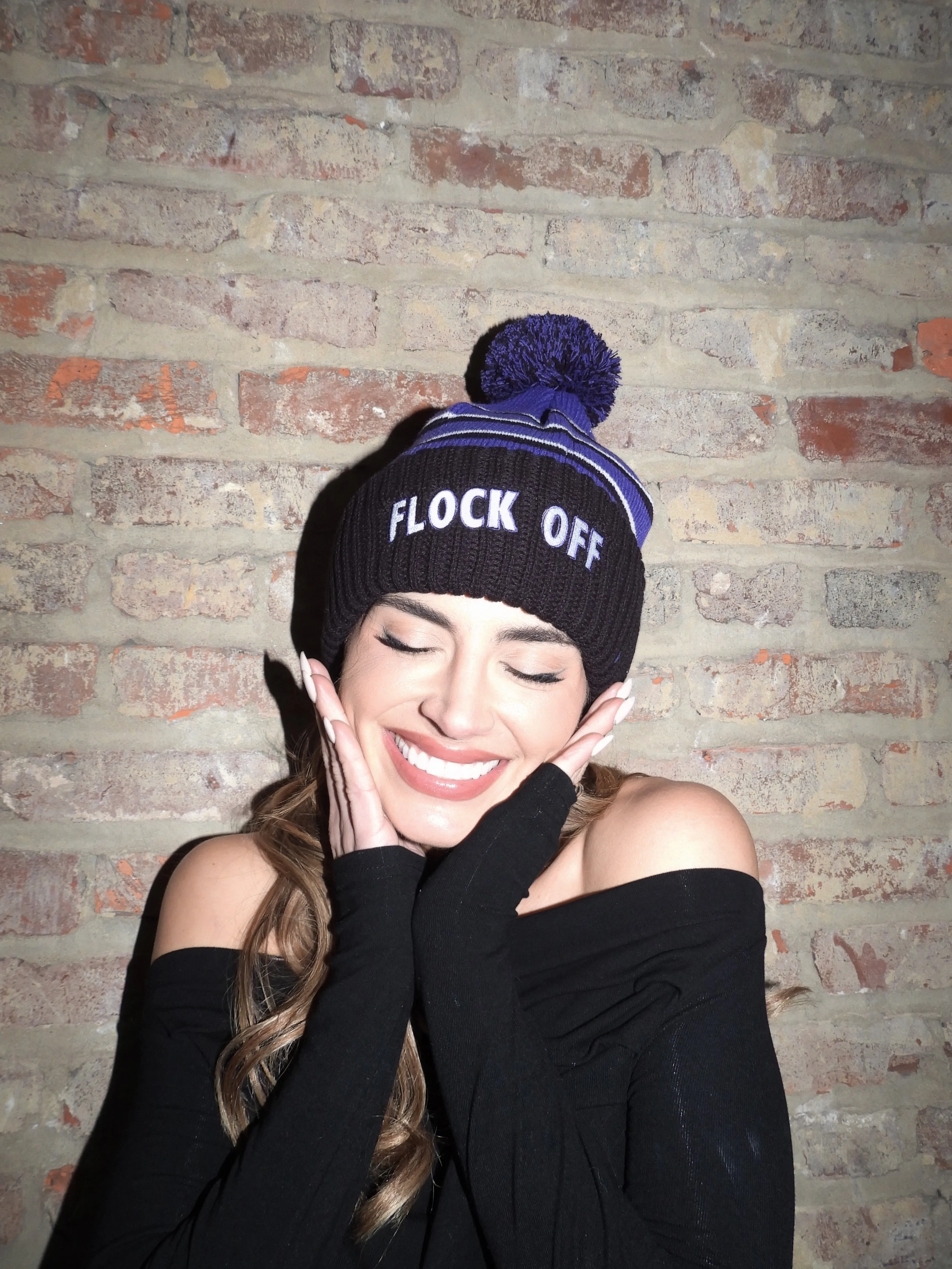 Brightisde the Label Flock Off Stripe Pom Beanie sold by Brightside Boutique