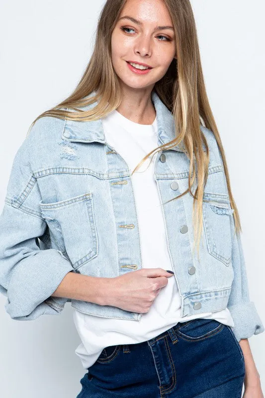 Rhinestone Fringe Distressed Denim Jacket sold by Brightside Boutique product image thumbnail 4