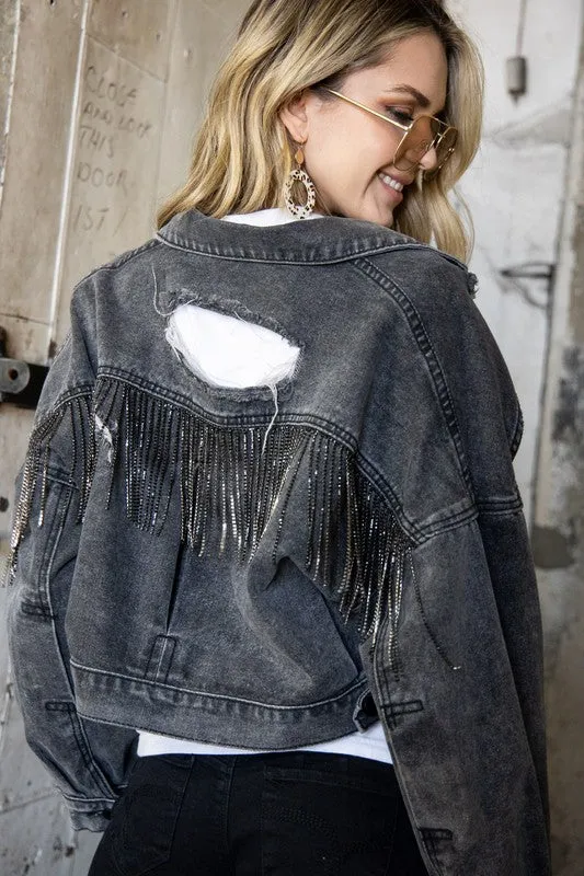 Rhinestone Fringe Distressed Denim Jacket sold by Brightside Boutique product image thumbnail 2