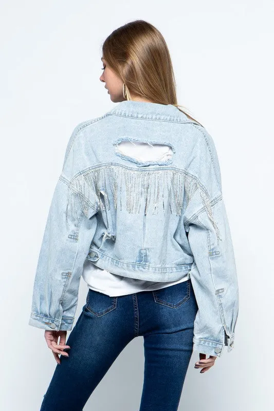 Rhinestone Fringe Distressed Denim Jacket sold by Brightside Boutique product image thumbnail 5