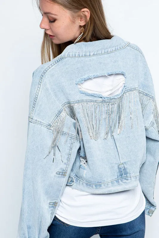 Rhinestone Fringe Distressed Denim Jacket sold by Brightside Boutique product image thumbnail 3