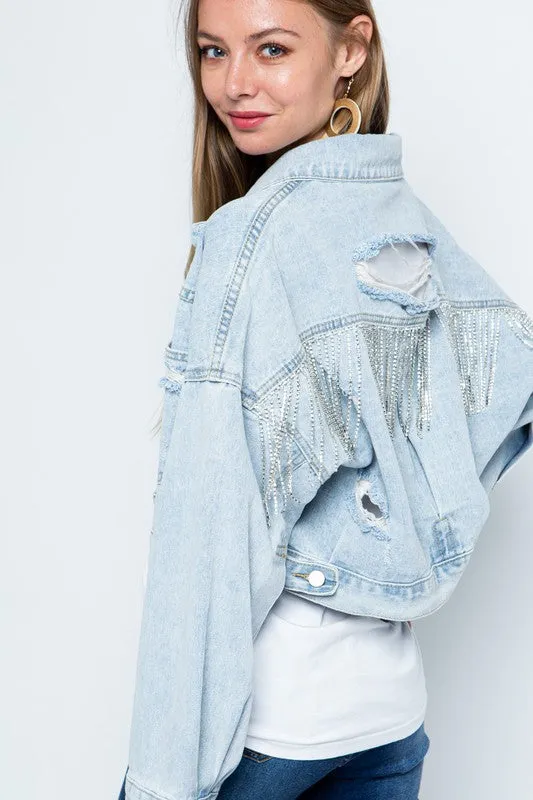 Rhinestone Fringe Distressed Denim Jacket sold by Brightside Boutique