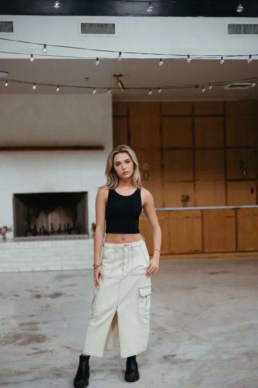 Sweet Harmony Denim Cargo Midi Skirt sold by Brightside Boutique