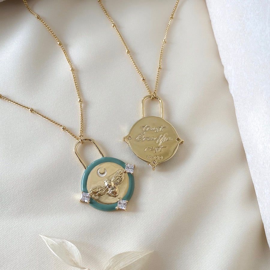 Affirmation Bee Moss & Gold Mantra Necklace sold by Wanderlust and Co
