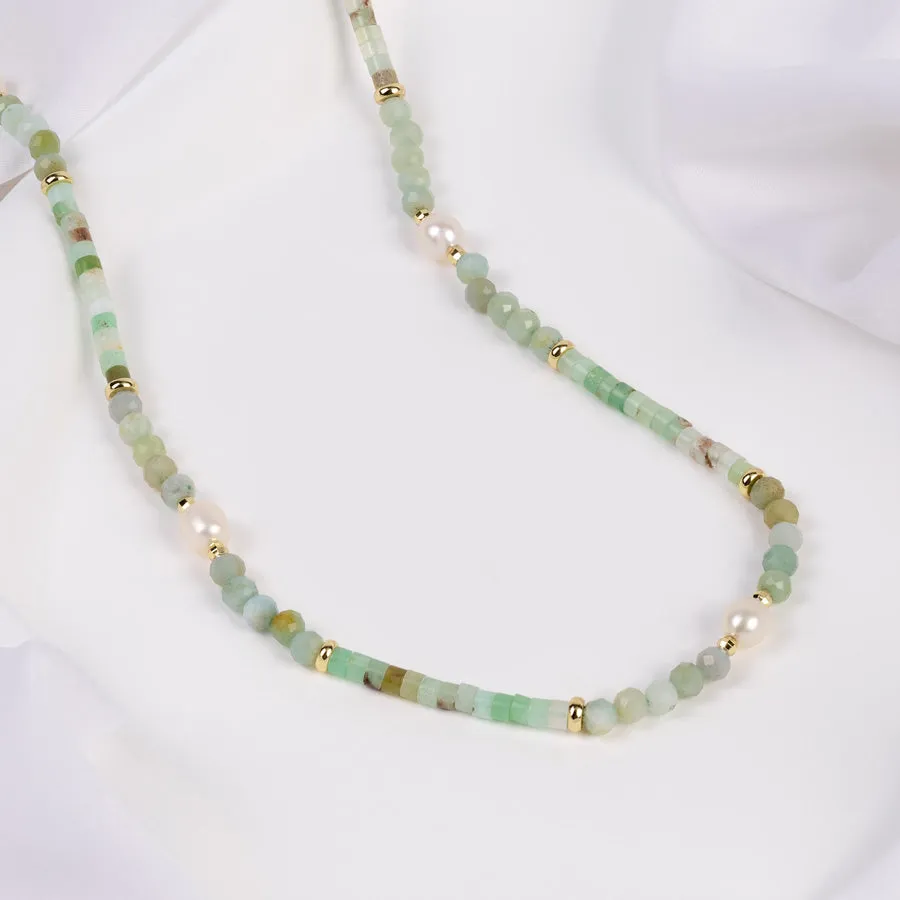 Amazonite Jade & Pearl Gold Necklace sold by Wanderlust and Co