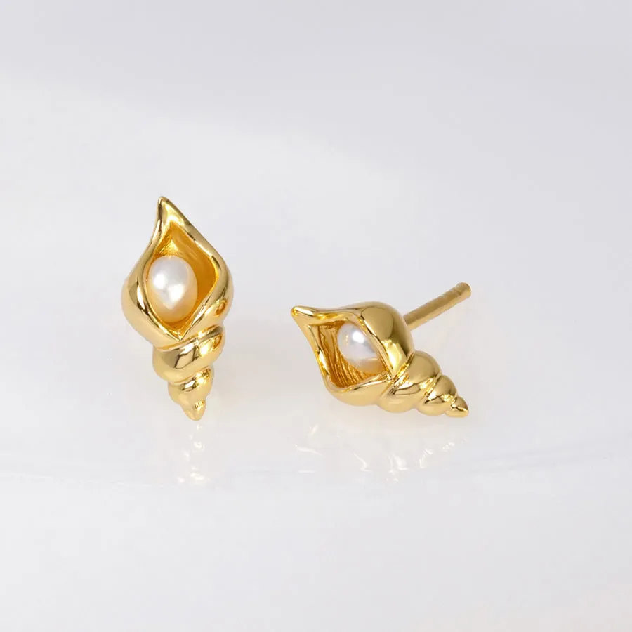 Seashell Pearl Gold Stud Earrings sold by Wanderlust and Co