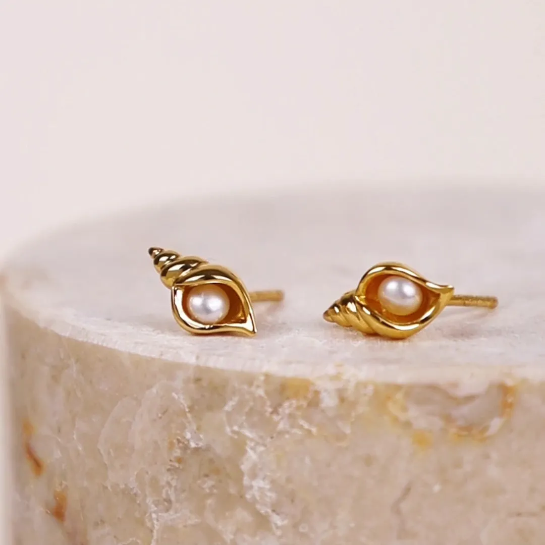 Seashell Pearl Gold Stud Earrings sold by Wanderlust and Co product image thumbnail 3