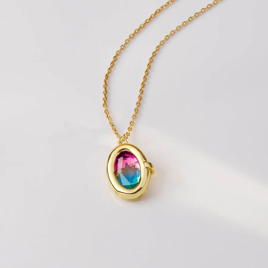 Aura Ombre Fuchsia & Turquoise Gold Locket Necklace sold by Wanderlust and Co