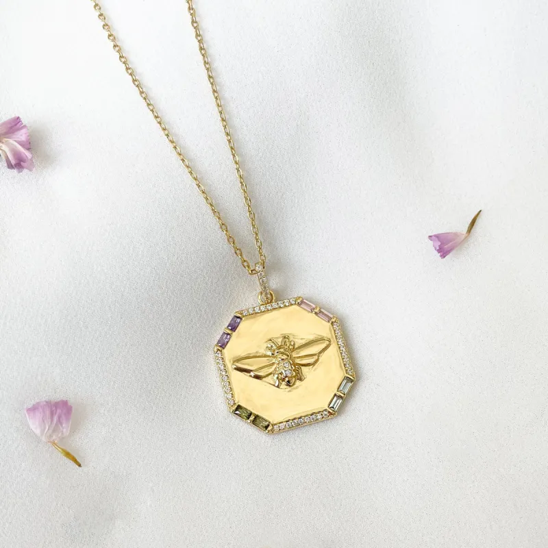 Bee Pave Rainbow Gold Necklace sold by Wanderlust and Co