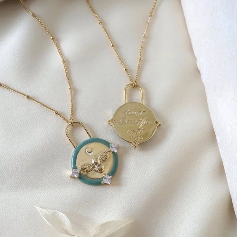 Affirmation Bee Moss & Gold Mantra Necklace sold by Wanderlust and Co
