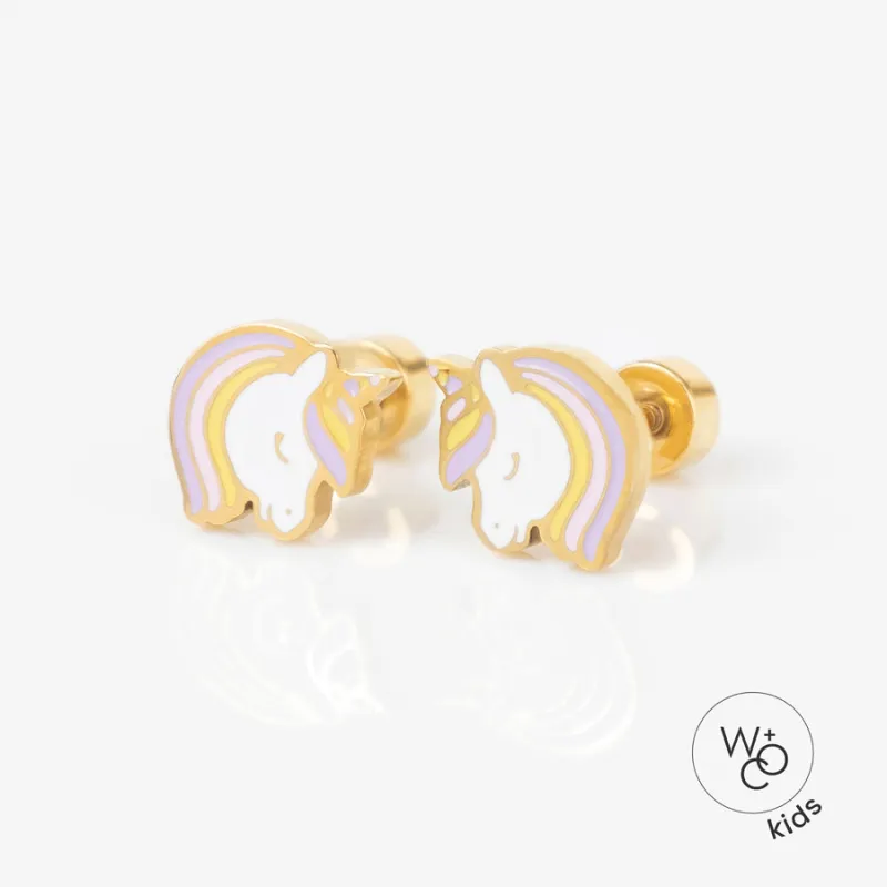 Unicorn Enamel Gold Flat Back Earrings sold by Wanderlust and Co