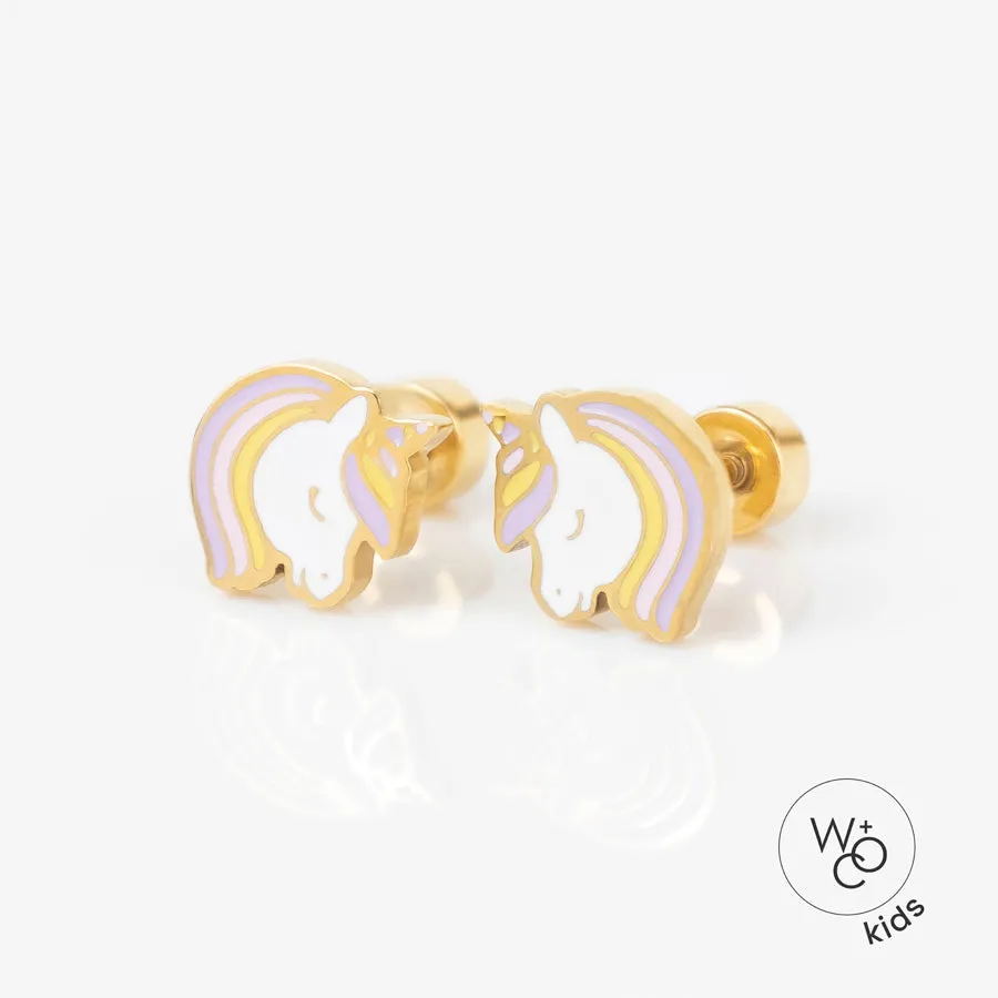 Unicorn Enamel Gold Flat Back Earrings sold by Wanderlust and Co