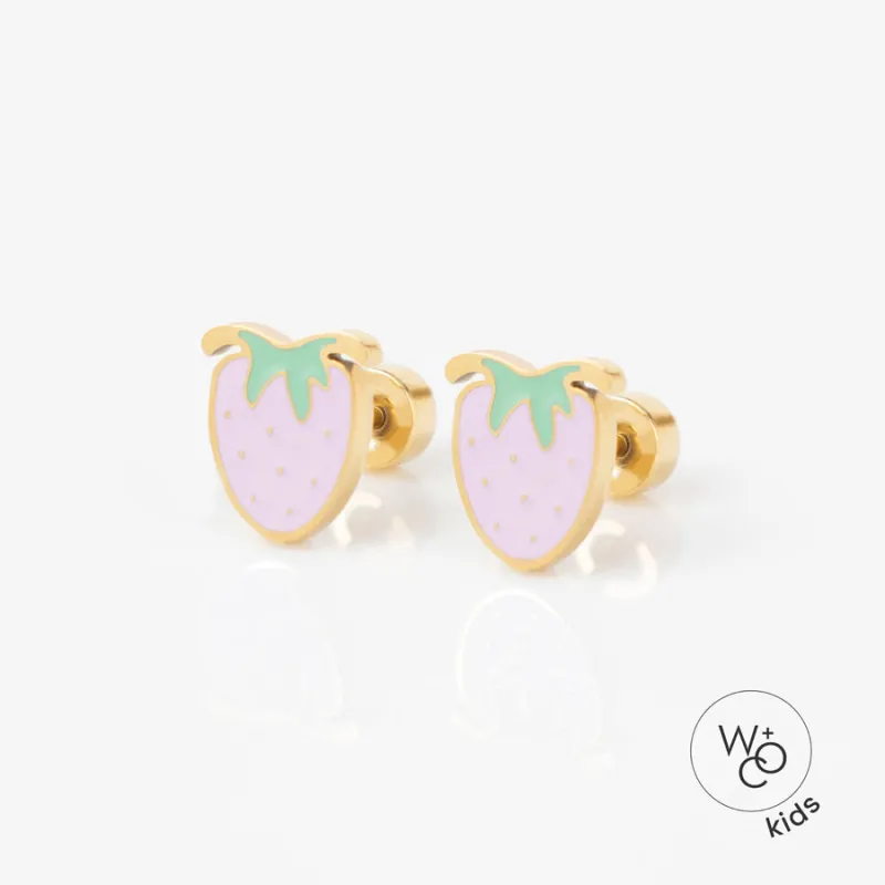 Strawberry Enamel Gold Flat Back Earrings sold by Wanderlust and Co