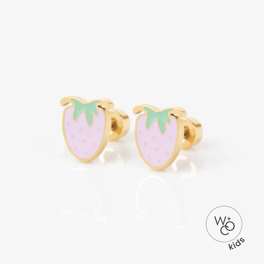 Strawberry Enamel Gold Flat Back Earrings sold by Wanderlust and Co