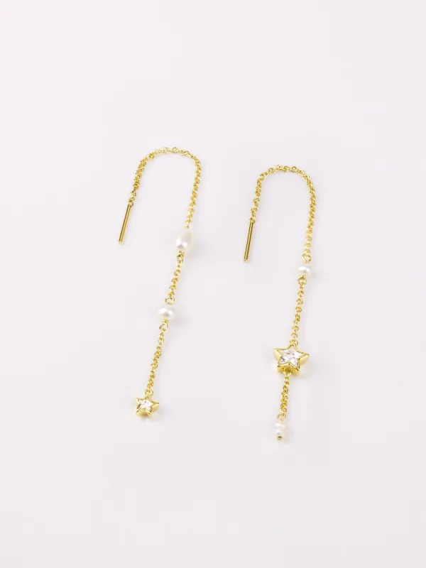 Wish Upon The Stars Pearl & Gold Threader Earrings sold by Wanderlust and Co