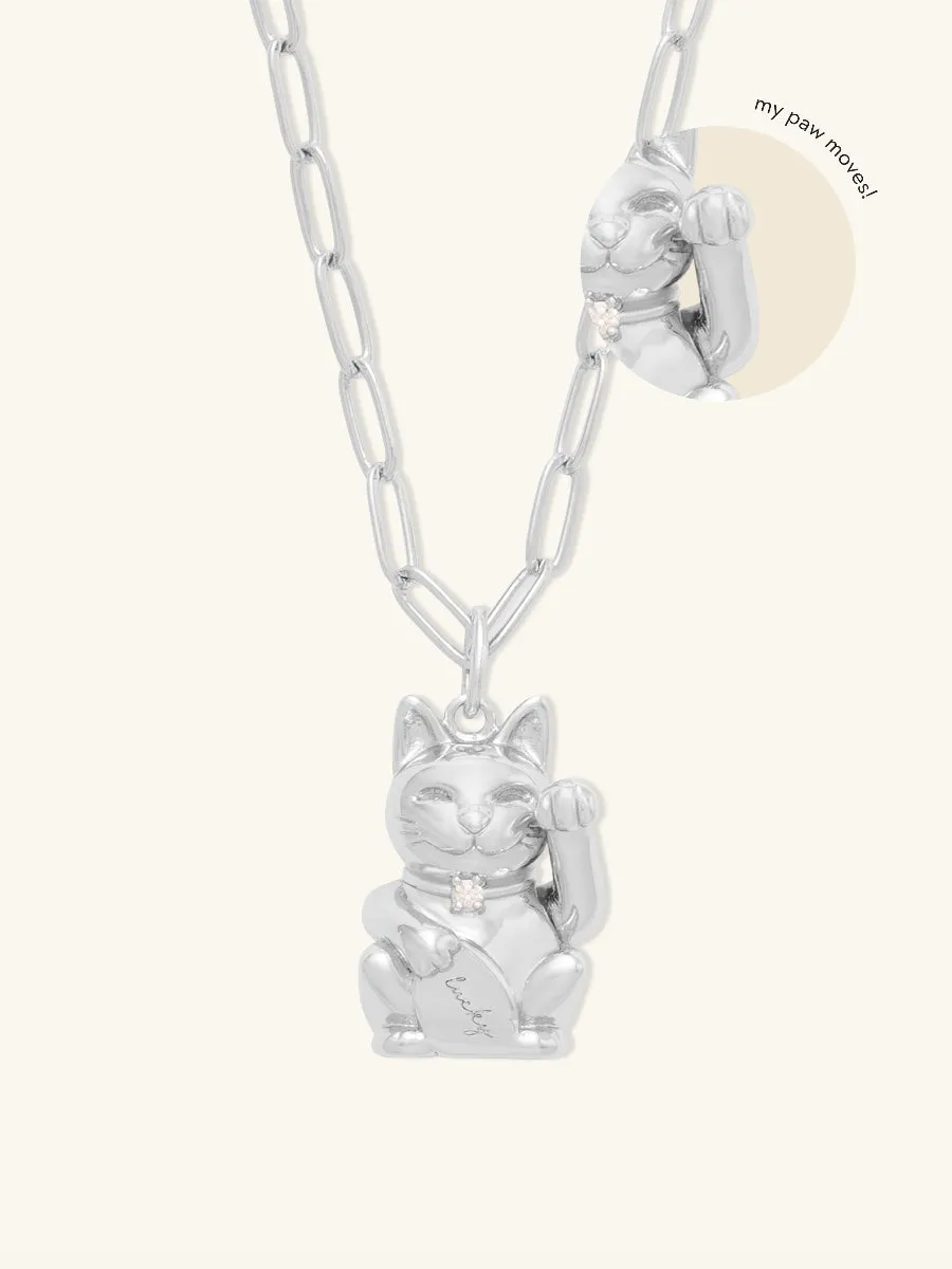 Lucky Cat Silver Necklace sold by Wanderlust and Co