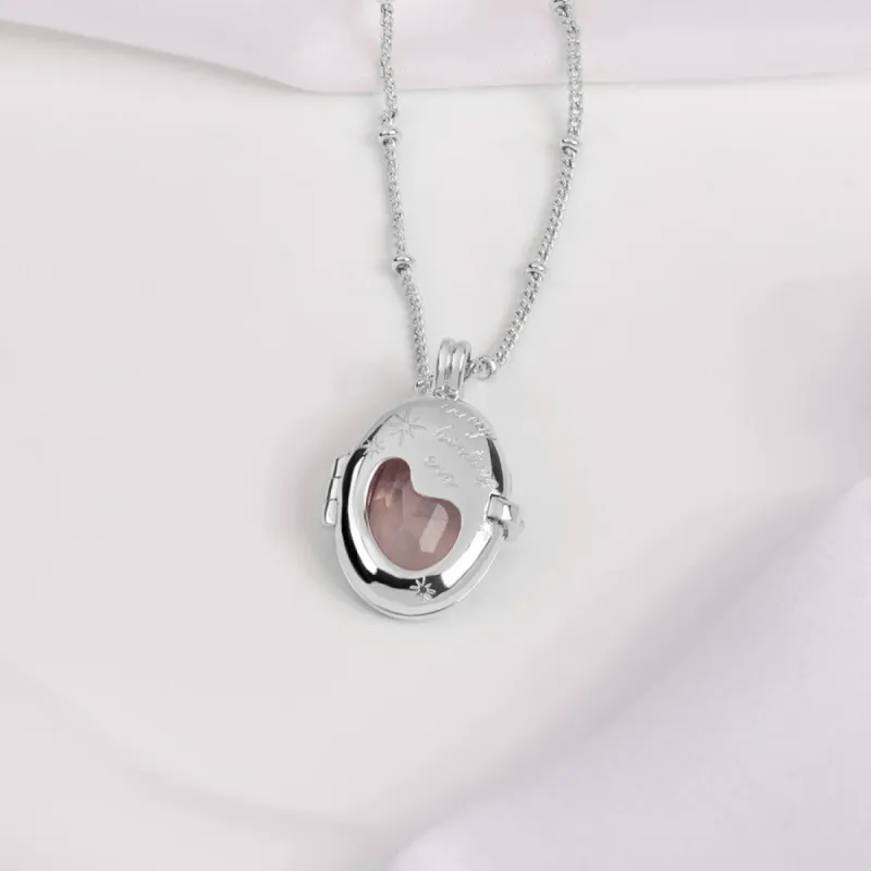 Healing Rose Quartz Silver Locket Necklace sold by Wanderlust and Co