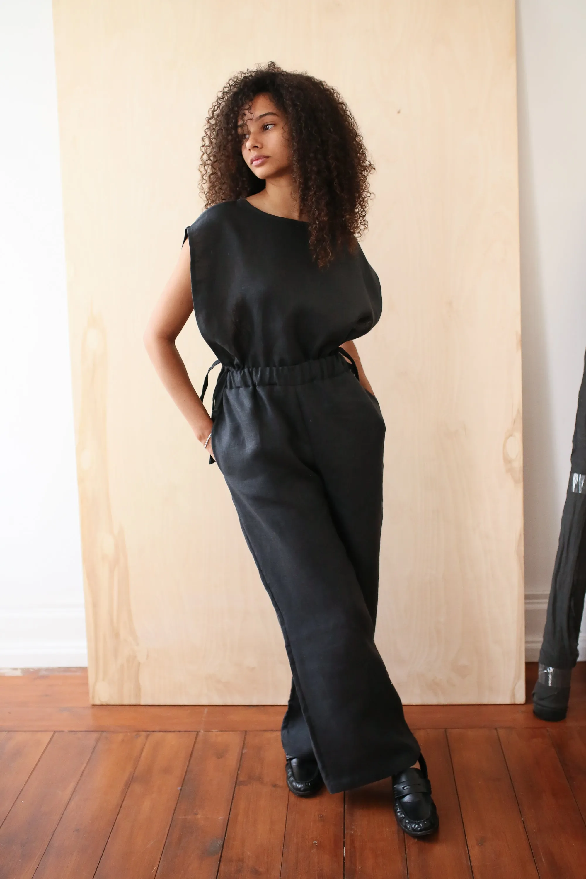 Black Linnen Wideleg Trousers sold by Monkind