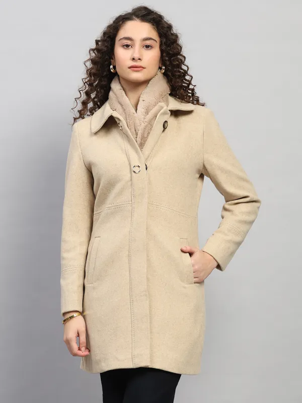 Women Beige Solid Collar Full Sleeve Coat sold by Monte Carlo