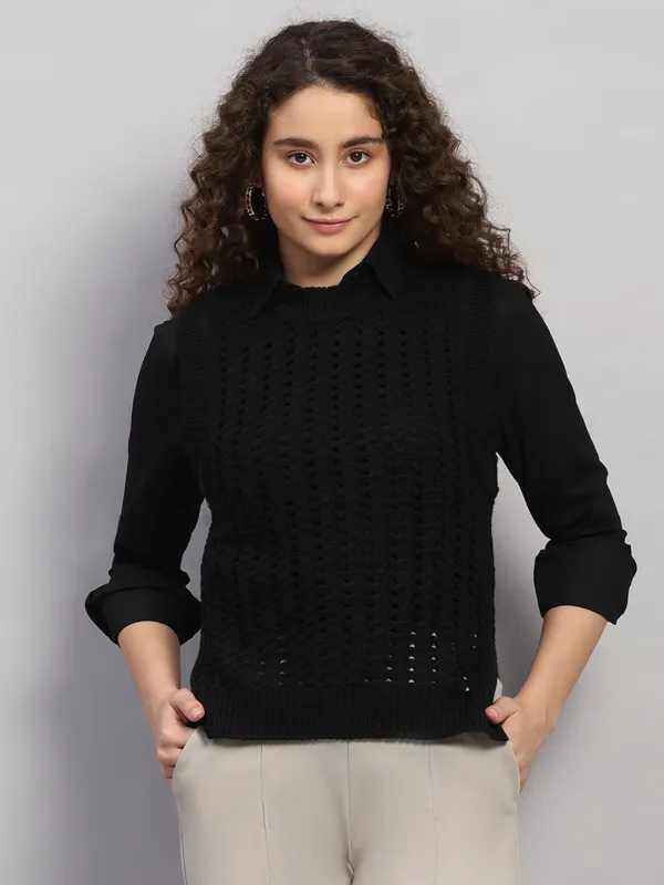 Women Black Jaquard Round Neck Sleeveless Winter Top made by Monte Carlo
