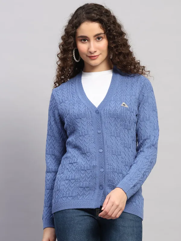 Women Blue Self Design V Neck Full Sleeve Cardigan sold by Monte Carlo