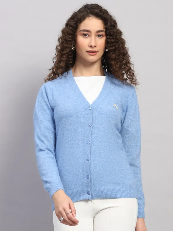 Women Light Blue Solid V Neck Full Sleeve Cardigan sold by Monte Carlo
