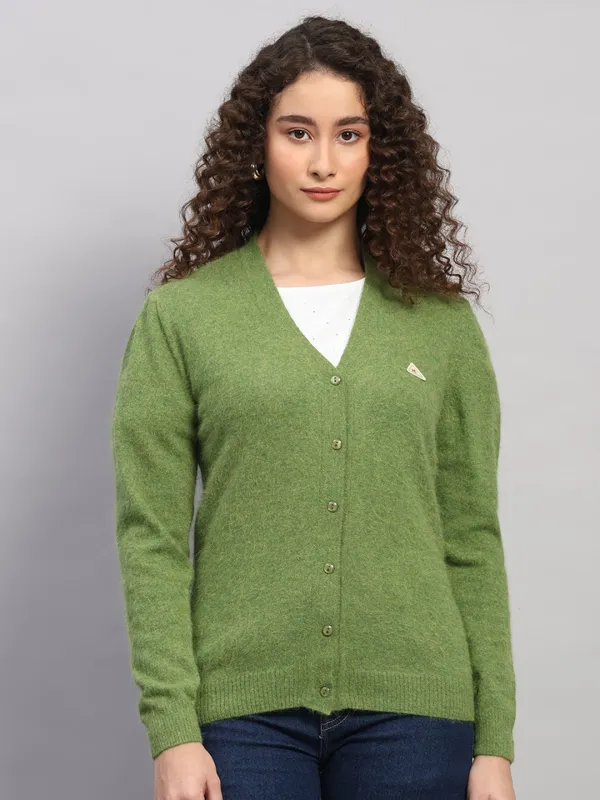 Women Green Solid V Neck Full Sleeve Cardigan sold by Monte Carlo