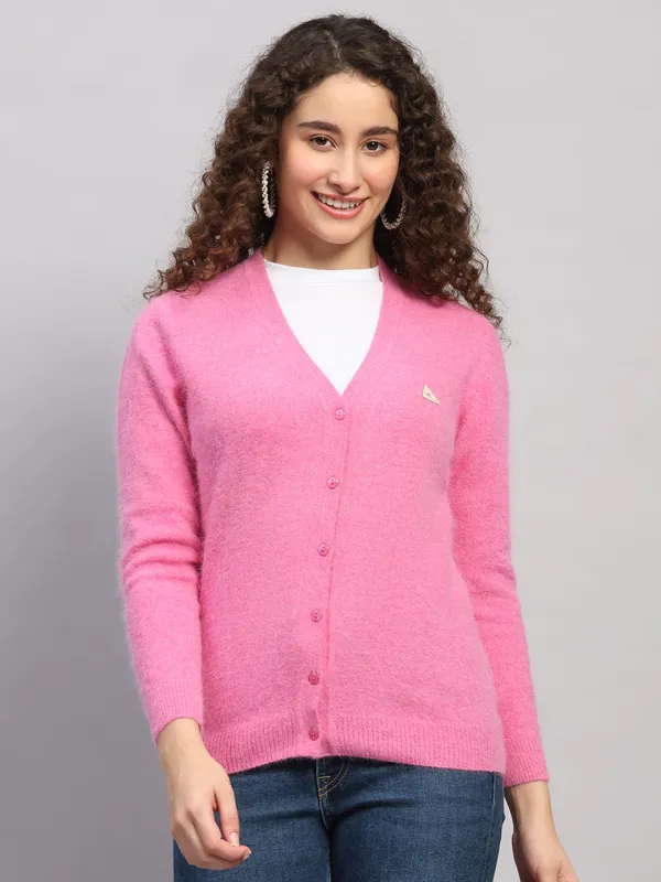Women Pink Solid V Neck Full Sleeve Cardigan sold by Monte Carlo