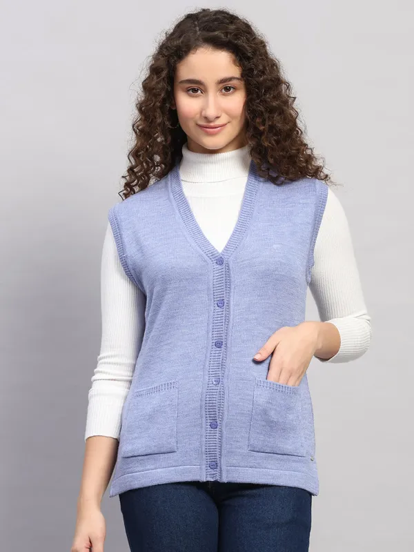 Women Purple Solid V Neck Sleeveless Cardigan sold by Monte Carlo