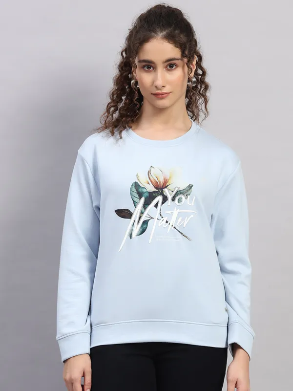 Women Sky Blue Printed Round Neck Full Sleeve Sweatshirt sold by Monte Carlo