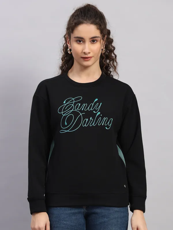 Women Black Printed Round Neck Full Sleeve Sweatshirt sold by Monte Carlo