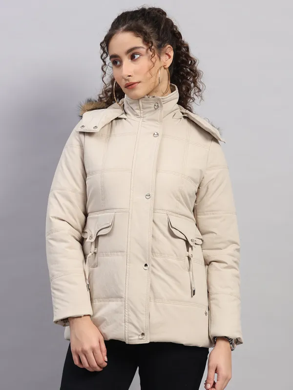 Women Beige Solid Hooded Full Sleeve Jacket sold by Monte Carlo