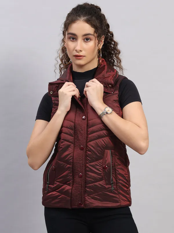 Women Maroon Self Design Collar Sleeveless Jacket sold by Monte Carlo