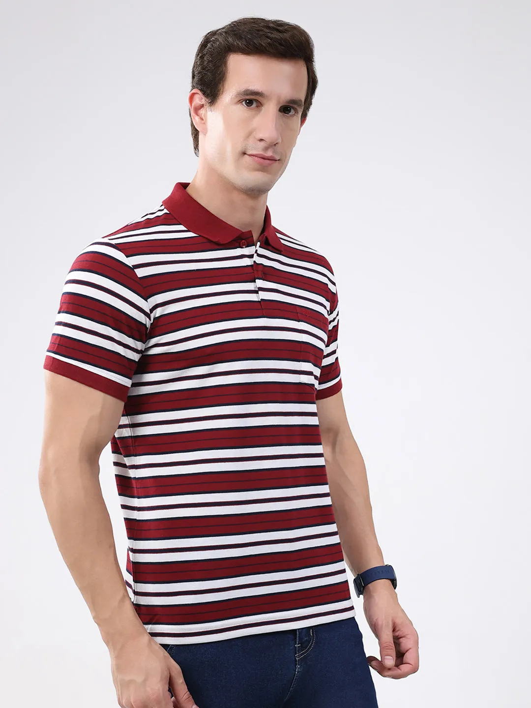 Men Maroon Stripe Collar Half Sleeve T-Shirt sold by Monte Carlo product image thumbnail 4