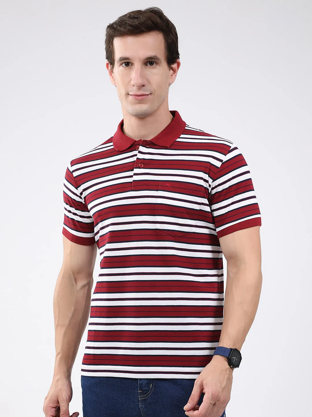 Men Maroon Stripe Collar Half Sleeve T-Shirt sold by Monte Carlo