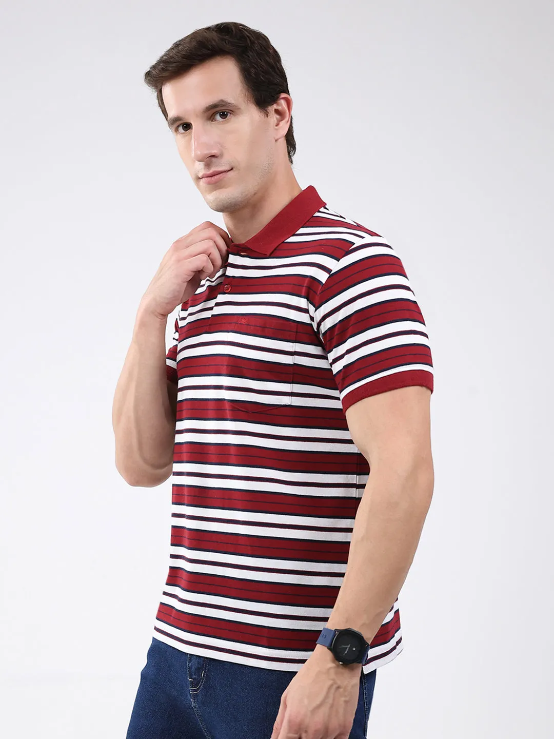 Men Maroon Stripe Collar Half Sleeve T-Shirt sold by Monte Carlo product image thumbnail 3