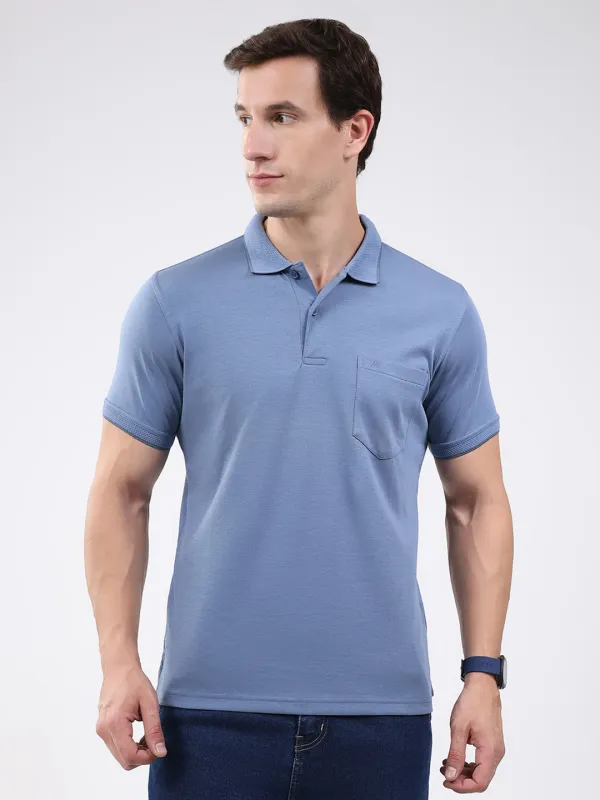 Men Blue Solid Collar Half Sleeve T-Shirt made by Monte Carlo