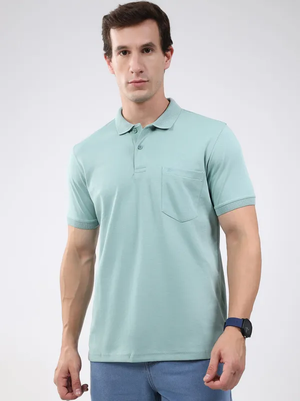Men Sea Green Solid Collar Half Sleeve T-Shirt sold by Monte Carlo
